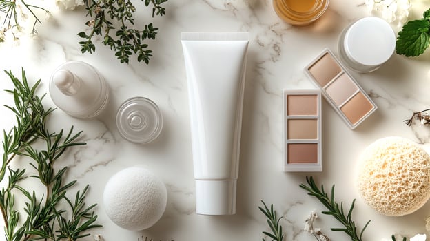 A top-down view showcases a white cosmetic tube surrounded by various beauty items and natural elements on a clean marble surface, creating an elegant arrangement. photo
