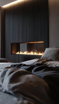 Luxurious Master Bedroom with Elegant Glass-Fronted Fireplace for Cozy Interiors photo