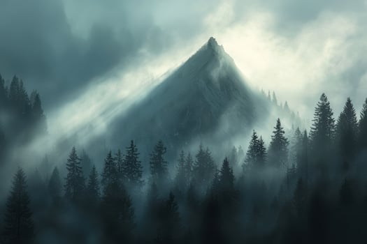 Mystical Volcanic Mountain at Sunrise with Sunlight Breaking Through Fog in Lush Forest photo