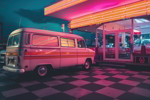 Retro Delivery Van at Neon-Lit Diner for Nostalgic Design or Vintage Print Projects photo