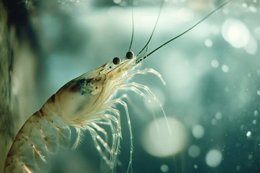 Whiteleg shrimp swimming in aquarium close-up macro photography photo
