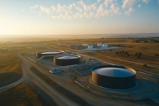 Oil storage tanks transforming landscape at sunset industrial energy scene photo