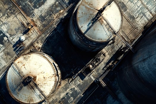 Large industrial tanks dominating the landscape from above photo