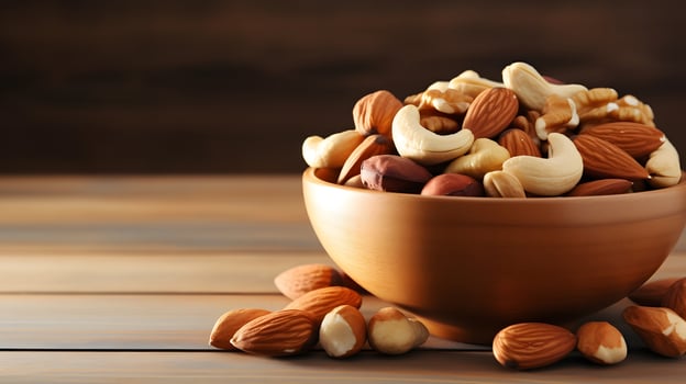 Delicious mixed nuts bowl almonds and cashews kitchen table food photography rustic environment close-up view healthy snack concept photo