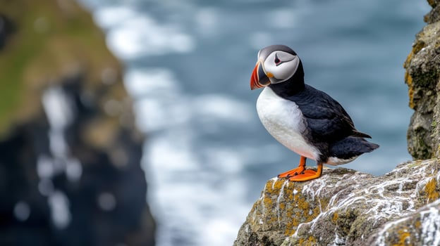 Atlantic puffin perched on cliff edge with ocean background photo