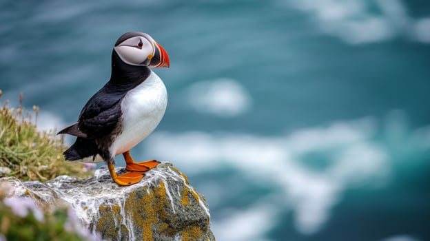 Atlantic puffin standing on rocky cliff overlooking the ocean photo