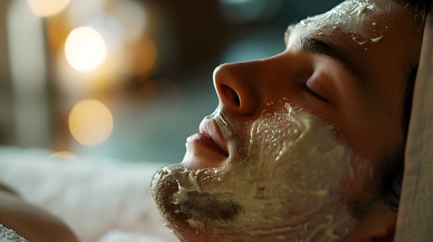 Young man lying with green face mask in spa photo
