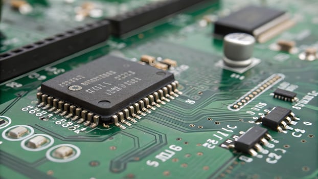 Close Up View of Circuit Board with Microchips, Highlighting Electronics Manufacturing, Technology Components, Semiconductor Industry, Innovation in Engineering, Computer Hardware Design, Electrical photo