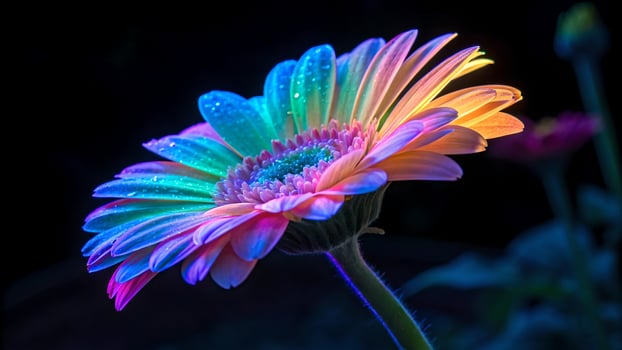 Vibrant Gerbera Daisy with Dew Drops in Dark Garden for Nature Lovers and Floral Designers Seeking Stunning Botanical Photography photo