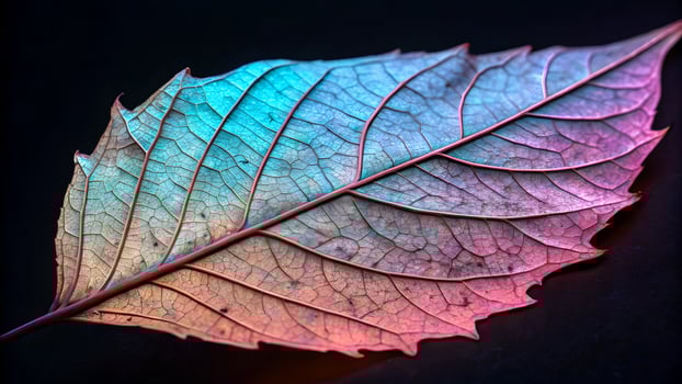 Vibrant leaf with stunning gradient colors on a dark background for nature enthusiasts and graphic designers seeking unique botanical imagery photo