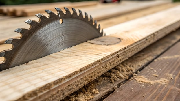 Circular saw blade cutting through wood plank for carpentry projects and DIY enthusiasts photo