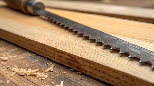 Woodworking saw sharp detailed on wooden surface for carpenters and DIY enthusiasts. Discover the precision tool for your next project, perfect for cutting wood with ease and accuracy. photo