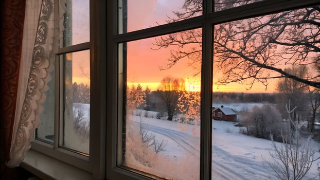Winter sunset view through frosty window in cozy home for nature lovers photo