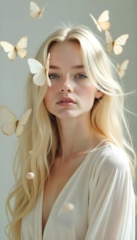 A beautiful blonde woman with butterflies flying around her photo
