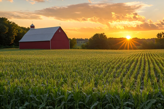 Red barn standing in a cornfield at sunset in the american countryside photo