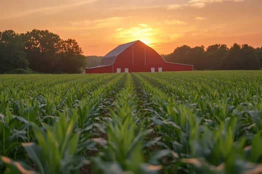 Red barn rising over a cornfield at sunset photo