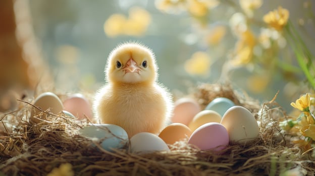 Little chick sitting in nest surrounded by colorful easter eggs photo