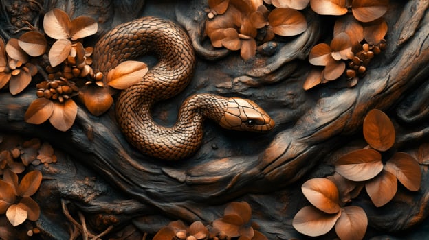 Brown snake crawling on dark wood surrounded by brown leaves photo