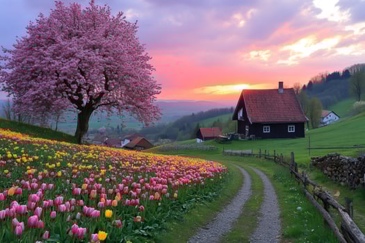 Blooming cherry tree and tulips illuminating the path to the farmhouse at sunset photo