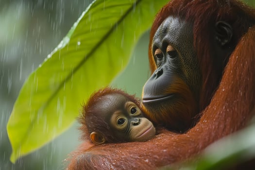 Mother orangutan embracing baby orangutan in the rainforest during a tropical rain photo