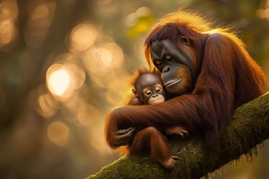 Mother orangutan embracing her baby on a tree branch photo