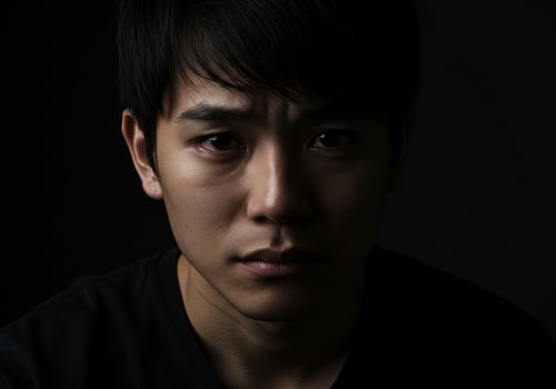 A young Asian man with tears in his eyes conveys a sense of deep sorrow and emotional pain. photo