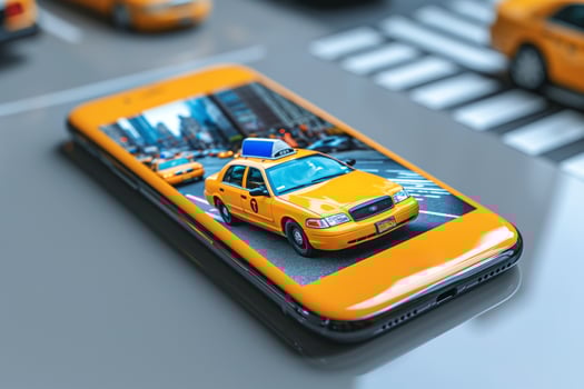 A vibrant yellow smartphone displays an iconic New York City taxi amidst an urban backdrop, showcasing modern technology and city life. photo
