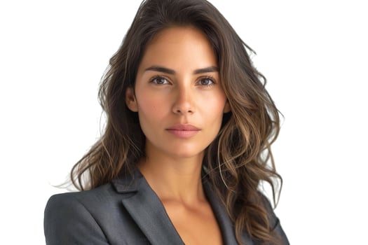 Portrait of a confident young woman with long, wavy hair, wearing a tailored suit and exuding professionalism. photo