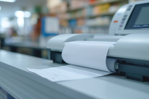 A close-up of a printer in action, producing a document with clear text and a blurred background, creating a professional office atmosphere. photo