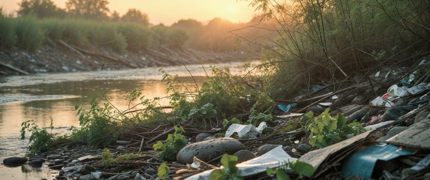 A river with trash and garbage on the bank photo