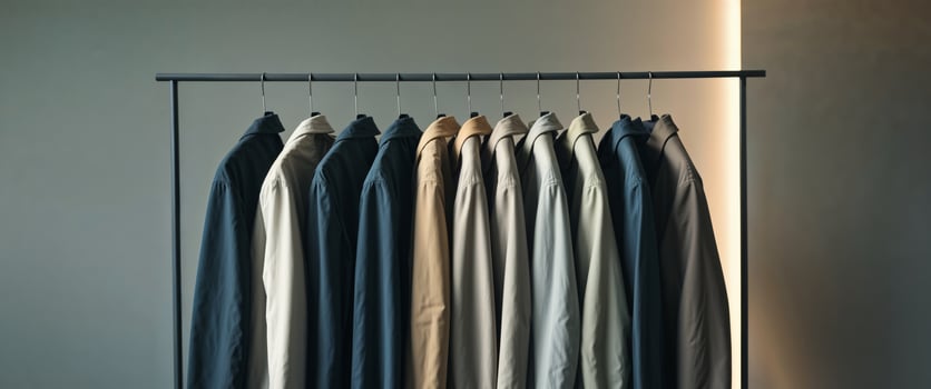 Jackets hang on a rack in a clothing store photo