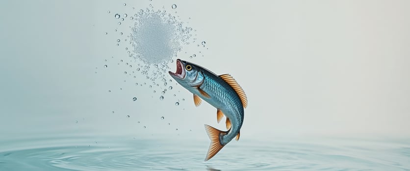 Jumping fish with open mouth in clear water with splashing droplets. photo
