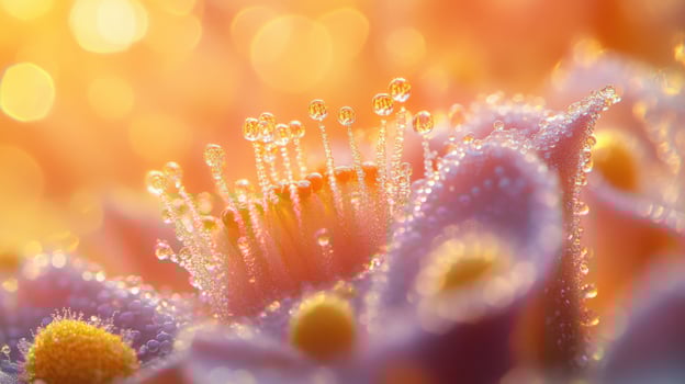 Floral Dewdrops, An Enchanting Macro Blossom in Golden photo
