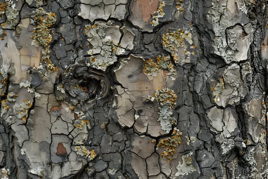 Exploring the Textured Beauty Close-Up of Cracked Tree Bark with Lichen, Revealing Nature's Abstract Art in Stunning Detail. A Study in Natural Patterns and Organic Textures. photo
