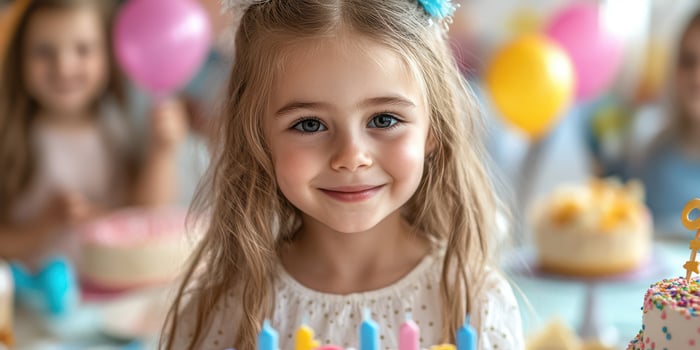 Smiling girl at a colorful birthday party with cakes and balloons in a festive atmosphere photo
