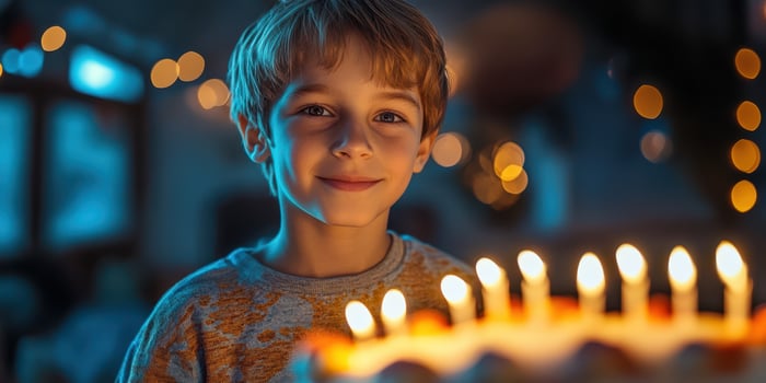 Smiling boy celebrating birthday with glowing candles and festive decorations during evening gathering photo