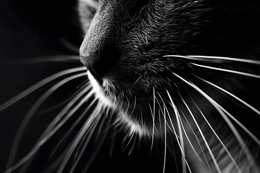 Exploring the Intricate Details A Close-Up Study of a Cat's Whiskers, Revealing Their Amazing Structure and Function with Stunning Black and White Photography, Showcasing Nature's Elegance. photo