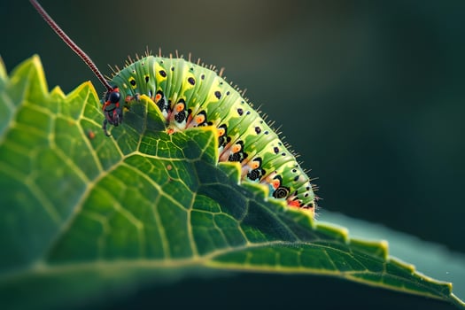 Vibrant Green Caterpillar Crawls on Lush Leaf, Exhibiting Nature's Exquisite Detail, A Close-Up Macro Photography of Insect Life in its Natural Habitat, Showing the Wonders of the Ecosystem. photo
