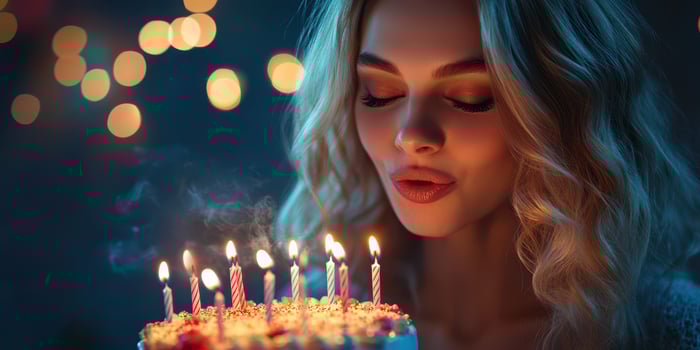 Birthday celebration with candles lit on a cake as a young woman prepares to make a wish in a festive atmosphere photo