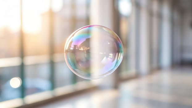 A large bubble floating in front of a large window photo