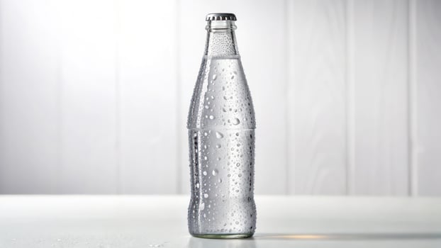 A bottle of soda water sitting on a table photo