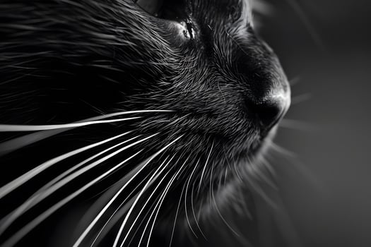 Close-Up Black Cat Whiskers Exploring Feline Anatomy, Sensory Perception, and the Beauty of Nature's Design in Stunning Monochrome Photography. photo
