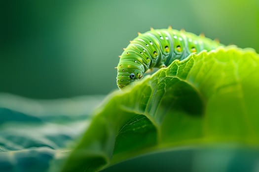 Vibrant Green Caterpillar Crawls on Lush Leaf, Displaying Nature's Beauty with Remarkable Detail in a Close-Up View, Showcasing the Wonders of the Natural World and Insect Life Cycles. photo
