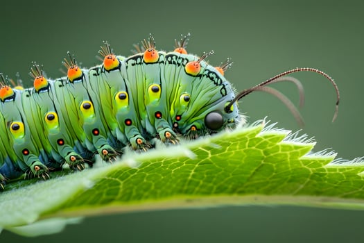 Vibrant Green Caterpillar Crawls on Lush Leaf, Displaying Striking Patterns and Colors in Nature's Close-Up, Revealing Intricate Details of Insect Anatomy with Amazing Clarity. photo