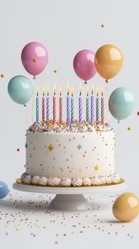 Colorful birthday cake adorned with candles and balloons brings festive cheer to the celebration photo