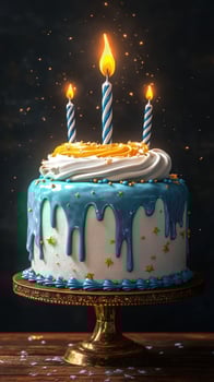 Celebratory birthday cake with lit candles and colorful decorations at a festive setting photo