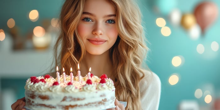 Young woman celebrates her birthday with a beautiful cake adorned with candles and fresh berries in a decorated room photo