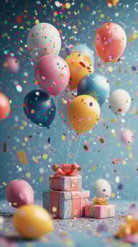 Colorful balloons and festive decorations fill the room to celebrate a joyful occasion with gifts and confetti photo