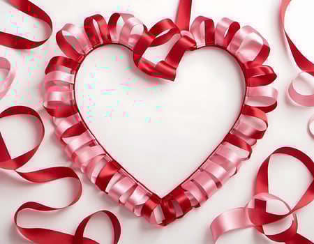 A heart shaped frame with red ribbons photo