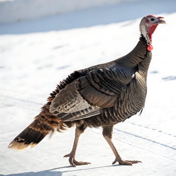 A wild turkey walking gracefully across a snowy landscape, with its distinct feathers and colorful wattle, captured against a soft white backdrop photo